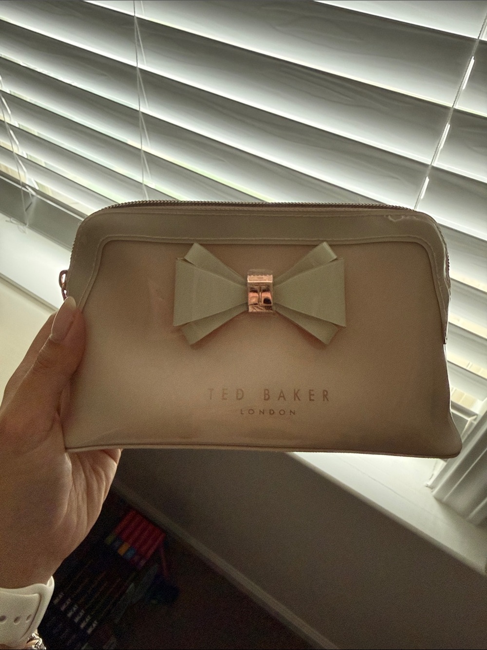 Ted Baker Pale Blush Bow Cosmetic Pouch with Rose Gold Accent
